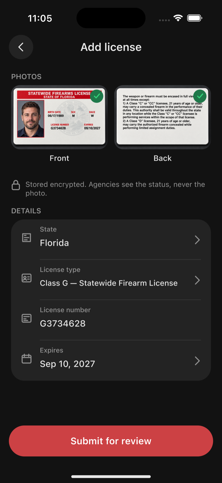 The Add license screen in Oniris with front and back license photos and license details.