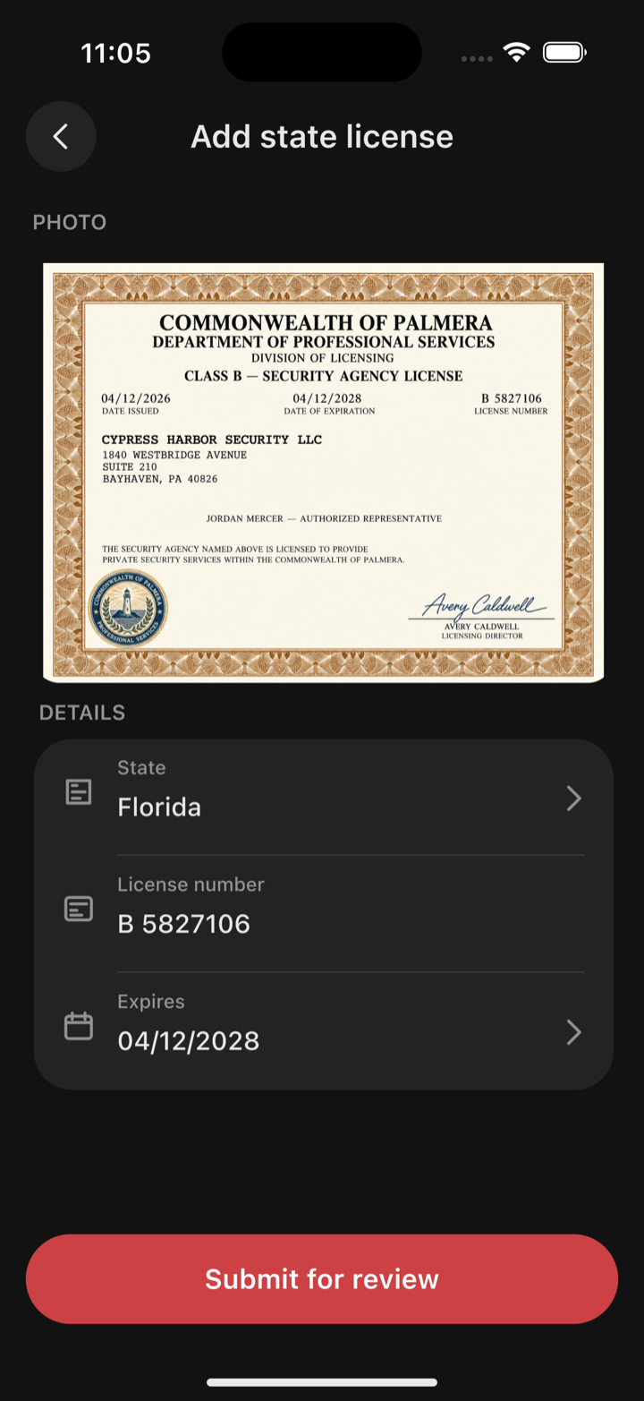The Add state license screen in Oniris with a sample business license photo, its state, license number and expiry date, and a Submit for review button.