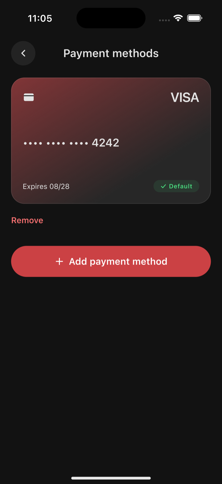 The Payment methods screen in Oniris with a default card and an Add payment method button.