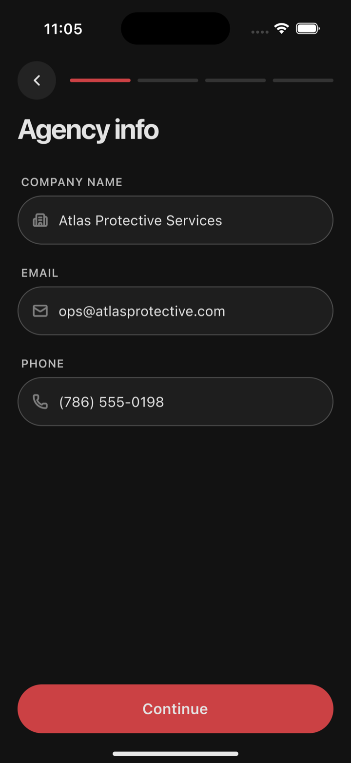 The Oniris sign-up step for an agency, asking for company name, email and phone.