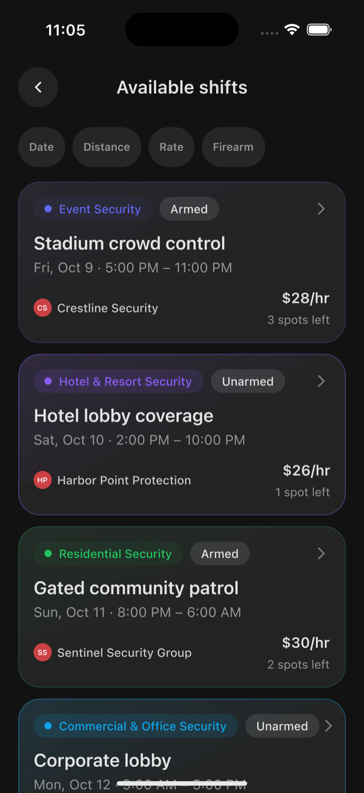 The Available shifts list in Oniris with filters and shift cards showing type, Armed or Unarmed, hours, agency, rate and open spots.