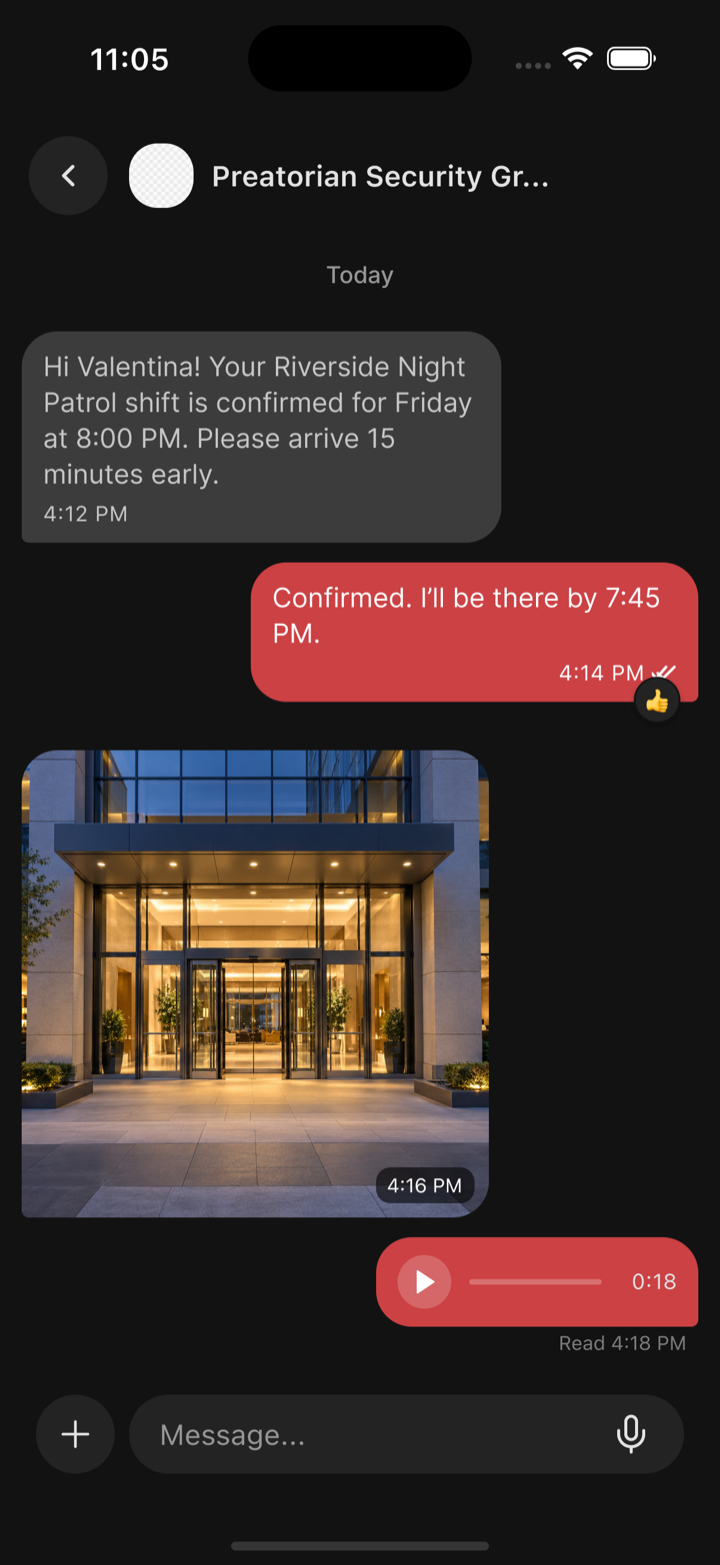 A conversation in Oniris between an agency and a security professional with text, a photo and a voice note.