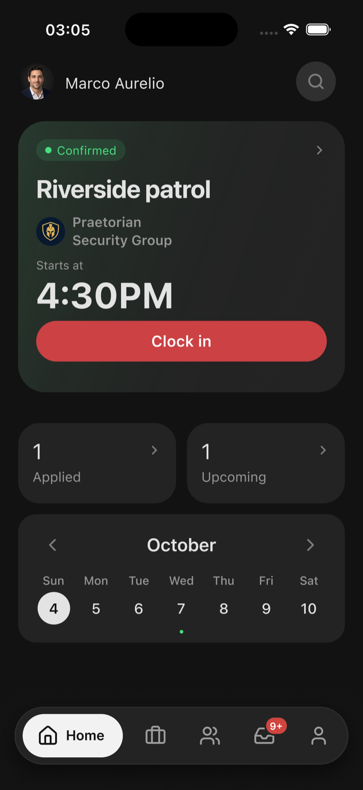 The Oniris home screen with a confirmed shift and a Clock in button.