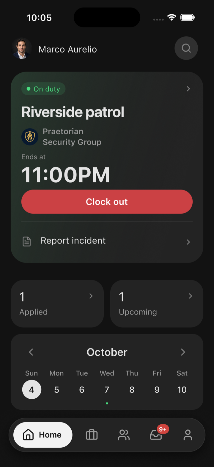 The Oniris home screen during a shift with a Clock out button and a Report incident option.