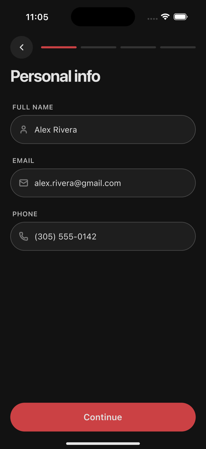 The Oniris sign-up step for a security professional, asking for full name, email and phone.