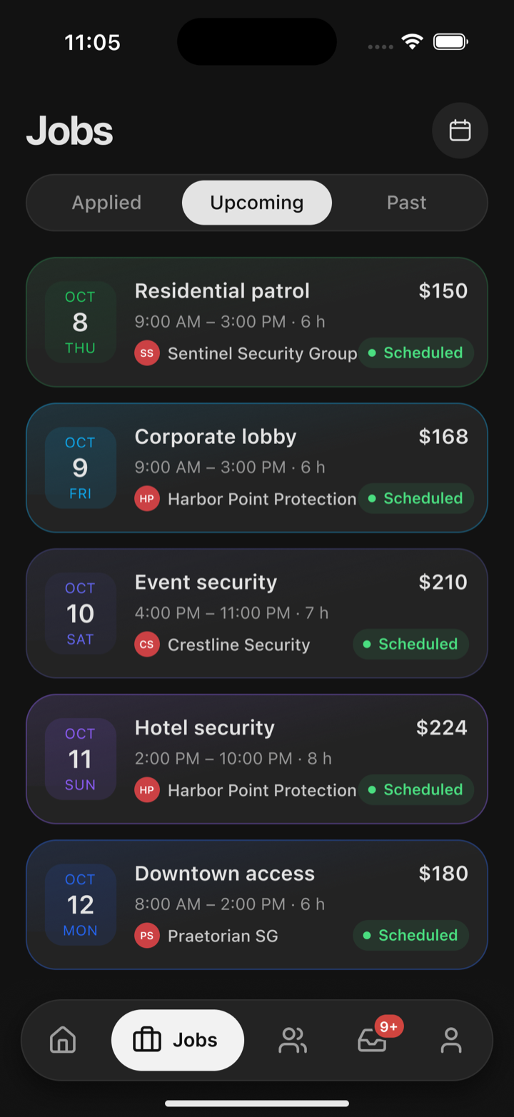 The Jobs tab in Oniris on Upcoming, listing scheduled shifts with dates, hours, agencies and pay.