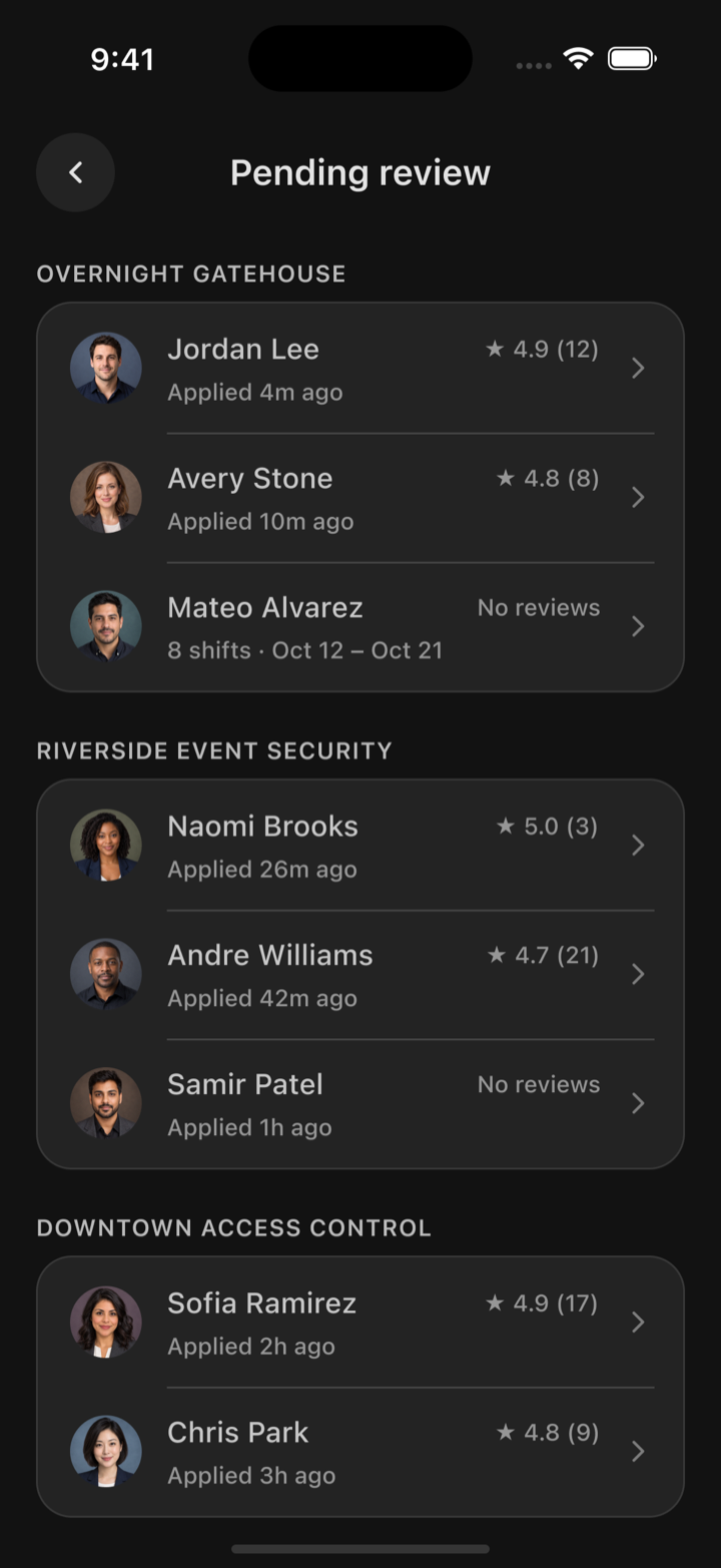The Pending review screen in Oniris listing security professionals who applied to each shift.