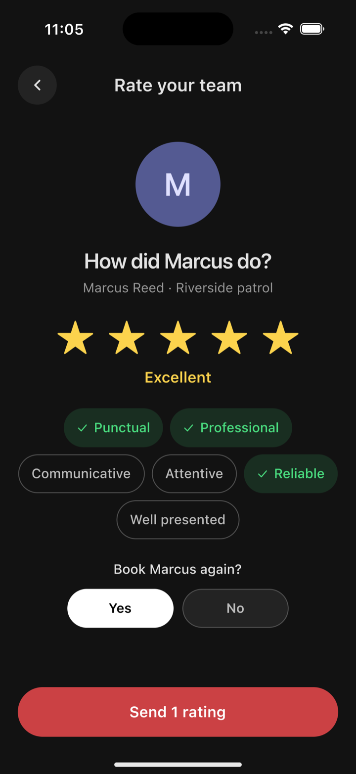 The Rate your team screen in Oniris with a five-star rating, tags and a Book again choice.