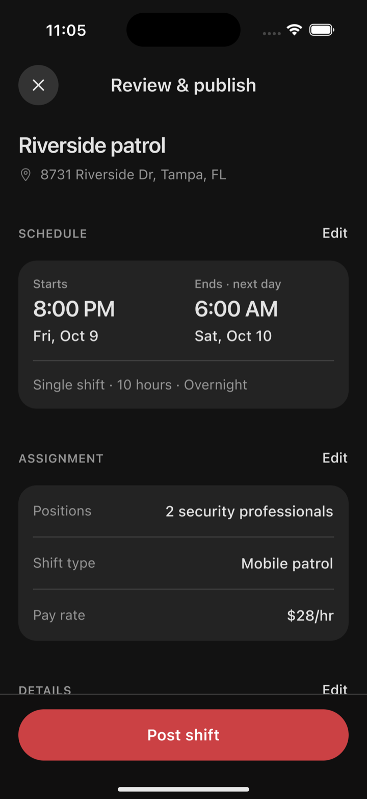 The Review & publish screen in Oniris with the shift schedule, positions, shift type, pay rate and a Post shift button.