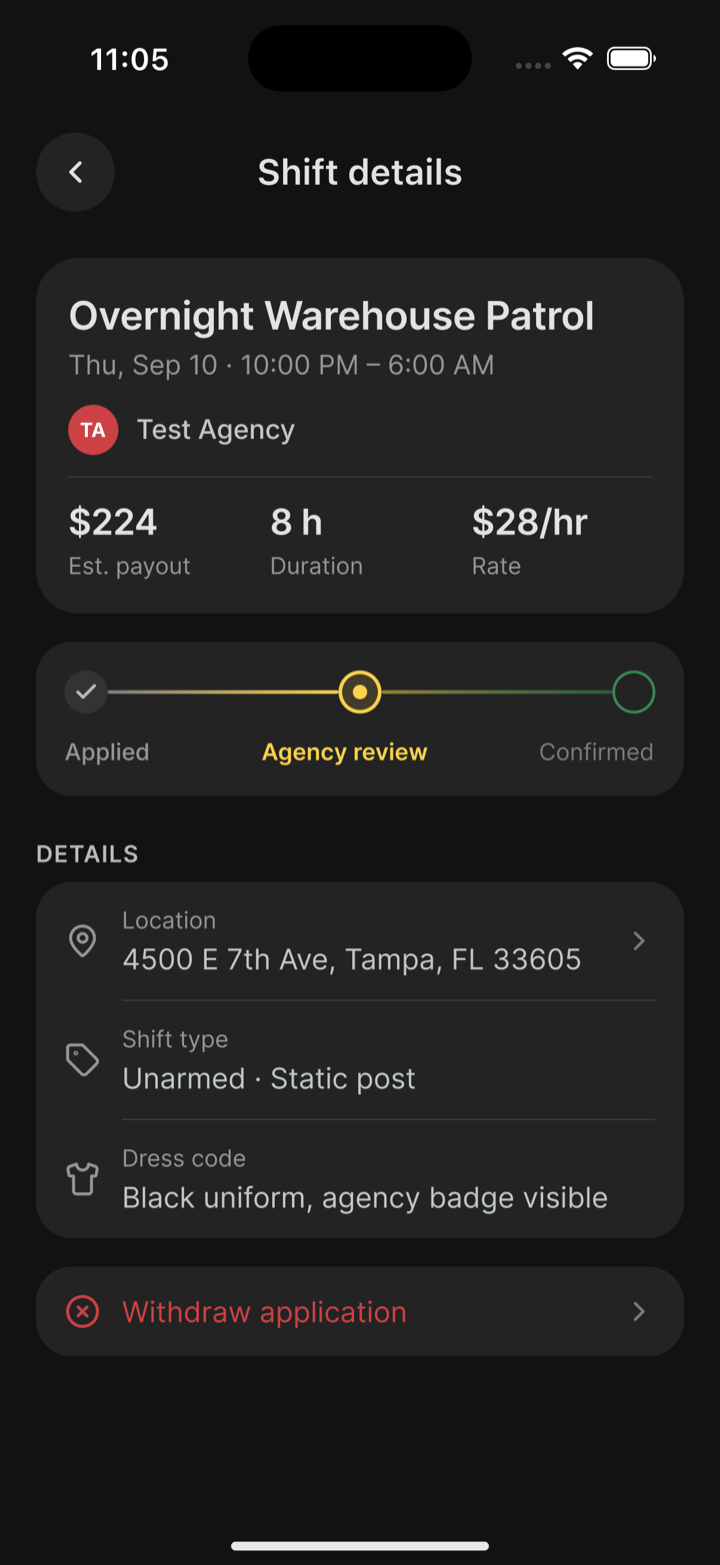 A shift detail screen in Oniris showing the application under agency review and a Withdraw application option.