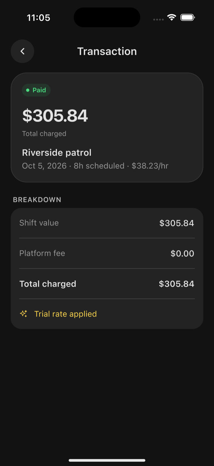 The Oniris Transaction screen showing a paid shift, its breakdown and the total charged.