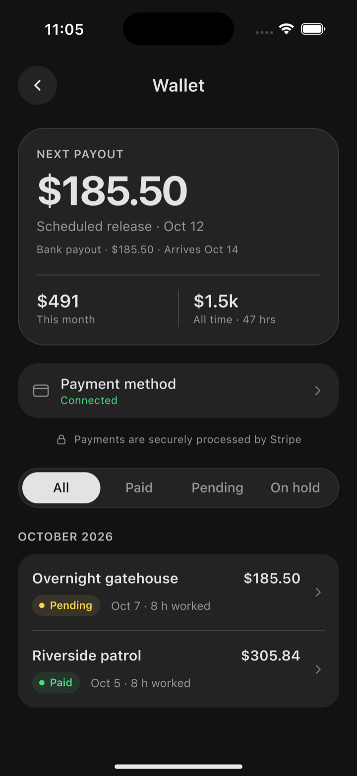 The Oniris Wallet showing the next payout, payment method and payment history.